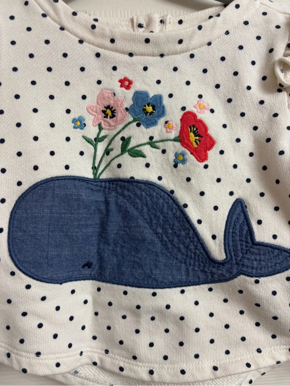 GAP Cream-White Polka Dot Long-Sleeve Tee with Navy Whale and Floral Embroidery